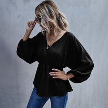 Load image into Gallery viewer, Casual Long Sleeve Shirt Blouse Woman Spring Fall Fashion V-neck Solid Shirts Top Femme White Elastic Waist Loose Women Clothing