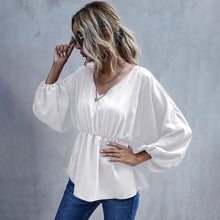 Load image into Gallery viewer, Casual Long Sleeve Shirt Blouse Woman Spring Fall Fashion V-neck Solid Shirts Top Femme White Elastic Waist Loose Women Clothing