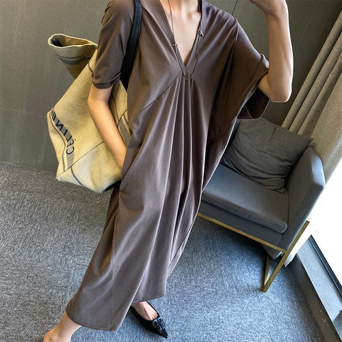 Casual Loose Design Dress Women Solid V Neck Summer Flare Sleeve Sexy  Dress 2021 Summer Fashion Elegant Robe Dresses Clothes