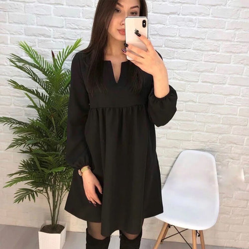 Casual Loose Mini Dress For Women Vintage V Neck Lantern Sleeve Solid Color Dresses 2021 Autumn New Fashion High Waist Dress
