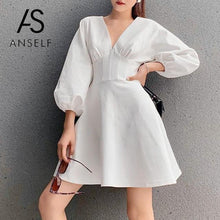 Load image into Gallery viewer, Casual Mini Dresses Fashion Women&#39;s Summer Sundress Dress V Neck Long Sleeve Puff Sleeve Elegant Solid Pleated dress For Party