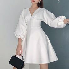 Load image into Gallery viewer, Casual Mini Dresses Fashion Women&#39;s Summer Sundress Dress V Neck Long Sleeve Puff Sleeve Elegant Solid Pleated dress For Party