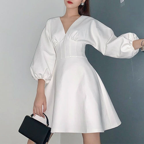 Casual Mini Dresses Fashion Women's Summer Sundress Dress V Neck Long Sleeve Puff Sleeve Elegant Solid Pleated dress For Party