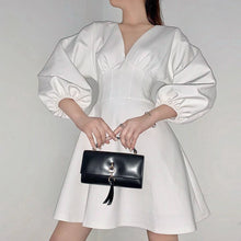 Load image into Gallery viewer, Casual Mini Dresses Fashion Women&#39;s Summer Sundress Dress V Neck Long Sleeve Puff Sleeve Elegant Solid Pleated dress For Party
