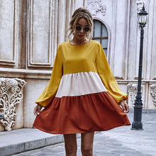 Load image into Gallery viewer, Casual Patchwork Short Mini Dress Women Loose O Neck Lantern Long Sleeve Dress 2021 Spring Summer New Fashion Girl Sweet Dresses
