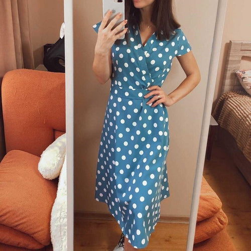 Casual Polka Dot Print Dress Women Summer Sexy V Neck A-Line Party Dress Short Sleeve Sashes Knee Dress 2021 New Fashion Vintage