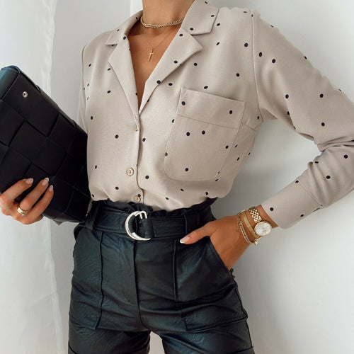Casual Polka Dot Women's Shirt Long Sleeve Turn-down Collar Solid Office Lady Tops 2021 Fashion Elegant Pocket Streetwear Blouse