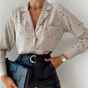 Casual Polka Dot Women's Shirt Long Sleeve Turn-down Collar Solid Office Lady Tops 2021 Fashion Elegant Pocket Streetwear Blouse