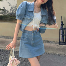 Load image into Gallery viewer, Casual Puff Short Sleeve Turn Down Collar Denim Coat + High Waist Slim Short Skirts Suits Two Piece Sets Summer Ensembles Femme