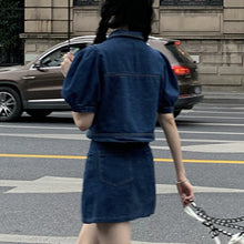 Load image into Gallery viewer, Casual Puff Short Sleeve Turn Down Collar Denim Coat + High Waist Slim Short Skirts Suits Two Piece Sets Summer Ensembles Femme