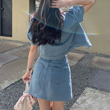 Load image into Gallery viewer, Casual Puff Short Sleeve Turn Down Collar Denim Coat + High Waist Slim Short Skirts Suits Two Piece Sets Summer Ensembles Femme