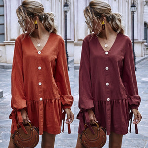 Casual Puff Sleeve Bow Bandage Dress Women Loose V Neck Ruffle Solid Color Dresses Spring Autumn New Fashion A Line Mini Dresses
