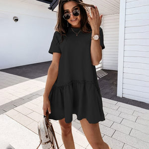 Casual Ruffle Loose Mini Dress Women Homewear O Neck Short Sleeve Tee Dress  2021 New Summer White Black Solid Sweet Dresses