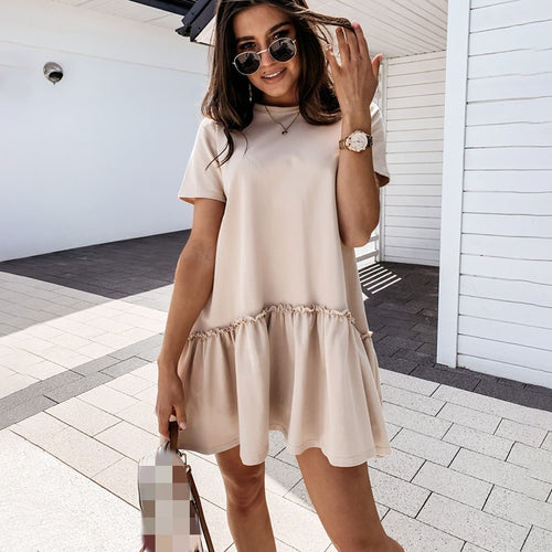 Casual Ruffle Loose Mini Dress Women Homewear O Neck Short Sleeve Tee Dress  2021 New Summer White Black Solid Sweet Dresses