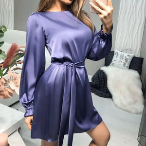Casual Satin A Line Mini Dress Women O Neck Lantern Sleeve Party Night Dress Female Spring Autumn Elegant Solid Sashes Dresses