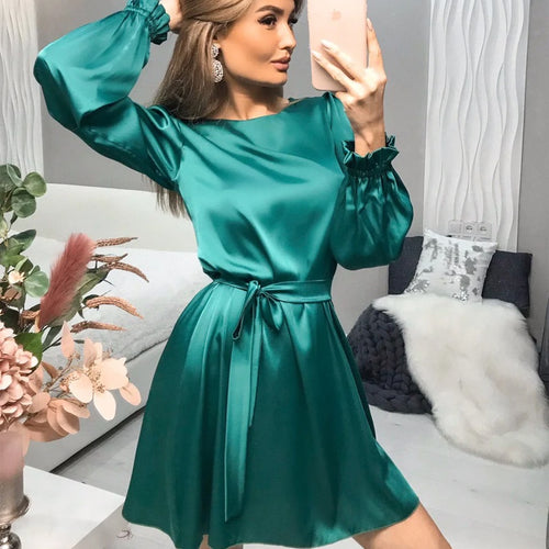 Casual Satin A Line Mini Dress Women O Neck Lantern Sleeve Party Night Dress Female Spring Autumn Elegant Solid Sashes Dresses
