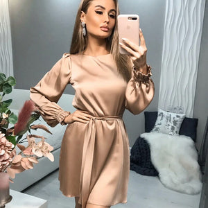 Casual Satin A Line Mini Dress Women O Neck Lantern Sleeve Party Night Dress Female Spring Autumn Elegant Solid Sashes Dresses
