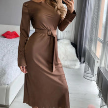 Load image into Gallery viewer, Casual Satin Women&#39;s Dress Sexy Slim O Neck Long Sleeve Belt Dress Autumn New Fashion Elegant Solid Color Party Night Midi Dress