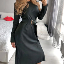 Load image into Gallery viewer, Casual Satin Women&#39;s Dress Sexy Slim O Neck Long Sleeve Belt Dress Autumn New Fashion Elegant Solid Color Party Night Midi Dress