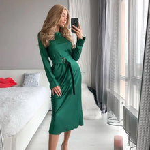 Load image into Gallery viewer, Casual Satin Women&#39;s Dress Sexy Slim O Neck Long Sleeve Belt Dress Autumn New Fashion Elegant Solid Color Party Night Midi Dress