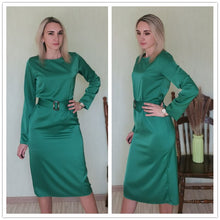 Load image into Gallery viewer, Casual Satin Women&#39;s Dress Sexy Slim O Neck Long Sleeve Belt Dress Autumn New Fashion Elegant Solid Color Party Night Midi Dress
