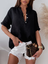 Load image into Gallery viewer, Casual Short Sleeve Pure Color Loose Shirts Blouses Summer Fashion Elegant V-neck Button Shirt  Women Clothing White Tops Femme