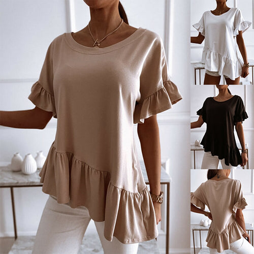 Casual Short Sleeve Ruffles Loose T Shirt Top Woman Fashion O-neck Pure Color T Shirts For Women 2021 White Irregular Tops Femme