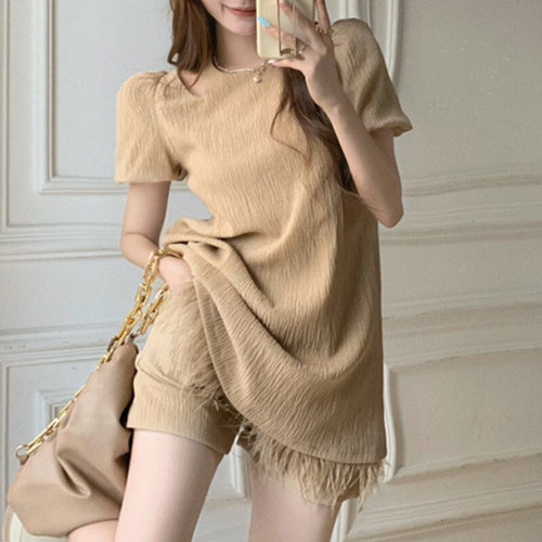Casual Shorts Suits Temperament Niche Design Sensual Clavicle Hollow Tassel Top  + Elastic Waist Shorts With Belt Two Piece Sets