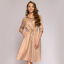 Load image into Gallery viewer, Casual Solid Satin Shirt Dresses Women Turn-Down Collar Long Sleeve Knee Dress Autumn Fashion Vintage Drawstring Sashes Dress