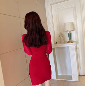 Casual Stand Puff Long Sleeve Chinese Retro Hollow Out Skinny Burgundy Cheongsam Dress Women Robe Femme Contrast Stitching Bead