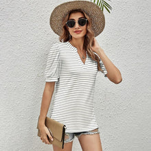 Load image into Gallery viewer, Casual Striped T Shirt Summer Clothes For Women Fashion Elegant Short Sleeve V-neck Tee Shirt Femme Blue Slim Print T-shirts Top