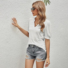 Load image into Gallery viewer, Casual Striped T Shirt Summer Clothes For Women Fashion Elegant Short Sleeve V-neck Tee Shirt Femme Blue Slim Print T-shirts Top