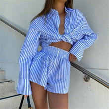 Load image into Gallery viewer, Casual Summer Lounge Wear Tracksuit Women Shorts Suit Long Sleeve Stripe Shirt Tops And Loose Mini Shorts Two Piece Set