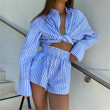 Load image into Gallery viewer, Casual Summer Lounge Wear Tracksuit Women Shorts Suit Long Sleeve Stripe Shirt Tops And Loose Mini Shorts Two Piece Set