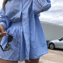 Load image into Gallery viewer, Casual Summer Lounge Wear Tracksuit Women Shorts Suit Long Sleeve Stripe Shirt Tops And Loose Mini Shorts Two Piece Set