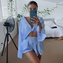 Load image into Gallery viewer, Casual Summer Lounge Wear Tracksuit Women Shorts Suit Long Sleeve Stripe Shirt Tops And Loose Mini Shorts Two Piece Set