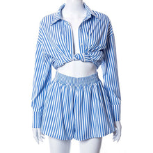 Load image into Gallery viewer, Casual Summer Lounge Wear Tracksuit Women Shorts Suit Long Sleeve Stripe Shirt Tops And Loose Mini Shorts Two Piece Set