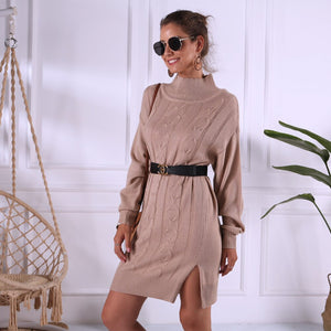 Casual Turtleneck Sweater Dress Women White Khaki Long Sleeve Autumn Winter Dress Split Sexy Mini Knitted Dress Female