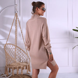 Casual Turtleneck Sweater Dress Women White Khaki Long Sleeve Autumn Winter Dress Split Sexy Mini Knitted Dress Female