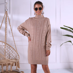 Casual Turtleneck Sweater Dress Women White Khaki Long Sleeve Autumn Winter Dress Split Sexy Mini Knitted Dress Female