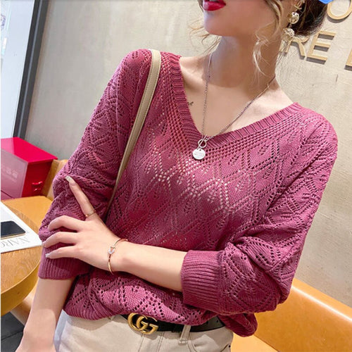 Casual V-neck Crocheted Hollow Knit Sweater Blouse For Women Long-sleeved Thin Autumn Loose Bat Sun Protection Shirt Short Top