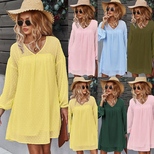 Casual Vacation Style Big Swing Short Dresses For Women 2021 Autumn And Winter V-Neck Sexy Dress Elegant Chiffon Patchwork Dress