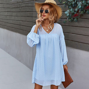 Casual Vacation Style Big Swing Short Dresses For Women 2021 Autumn And Winter V-Neck Sexy Dress Elegant Chiffon Patchwork Dress