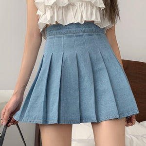 Casual Women Solid Denim Mini Sexy A-Line Pleated Skirt Summer Korean Kawaii Harajuku High Waist Short Skirts Female