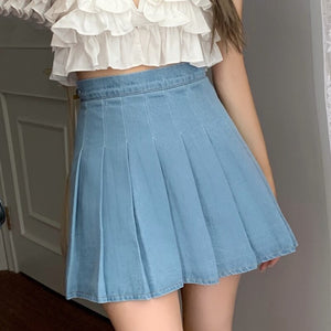 Casual Women Solid Denim Mini Sexy A-Line Pleated Skirt Summer Korean Kawaii Harajuku High Waist Short Skirts Female