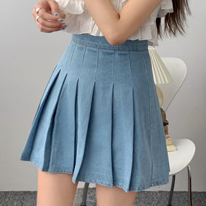 Casual Women Solid Denim Mini Sexy A-Line Pleated Skirt Summer Korean Kawaii Harajuku High Waist Short Skirts Female