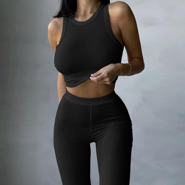Casual Women Sportwear Two Piece Sets 2021 Summer Solid Tank Top And Long Pants Matching Set Ladies Sexy Fitness Soft Outfits