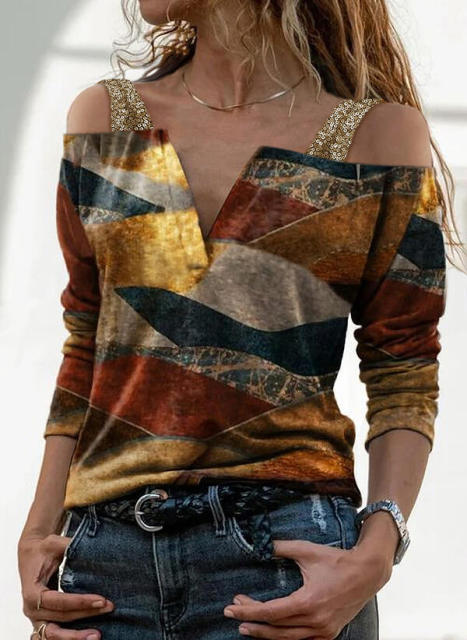 Casual Women V Neck Color Block Blouses Shirts Elegant Hollow Out Halter Pullover Tops Sexy Striped Patchwork Long Sleeve Blusas