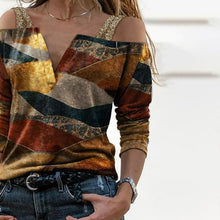 Load image into Gallery viewer, Casual Women V Neck Color Block Blouses Shirts Elegant Hollow Out Halter Pullover Tops Sexy Striped Patchwork Long Sleeve Blusas