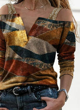 Load image into Gallery viewer, Casual Women V Neck Color Block Blouses Shirts Elegant Hollow Out Halter Pullover Tops Sexy Striped Patchwork Long Sleeve Blusas